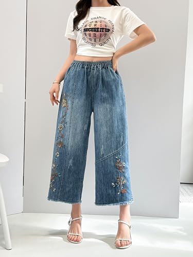 Womens Capri Pants Summer Wide Leg High Waisted Pants Casual Trousers with Pockets Embroidered Jeans Blue2