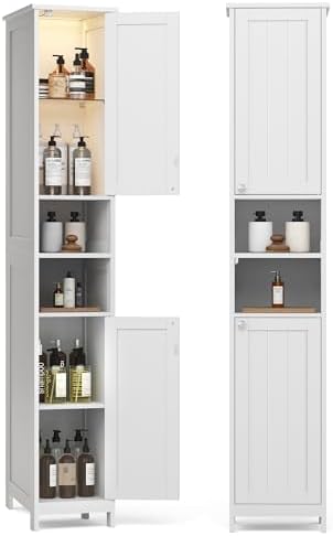 VASAGLE Tall Storage Cabinet with Lights, Slim Freestanding Cabin...