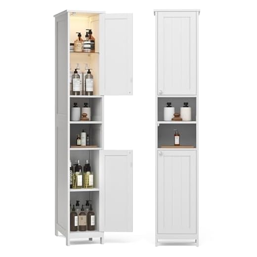 VASAGLE Tall Bathroom Cabinet with Lights, Slim Bathroom Storage Cabinet, Freestanding Narrow Cabinet with Adjustable Shelves, for Small Spaces, Modern, 11.8 Inches Wide, Cloud White UBBC566W02