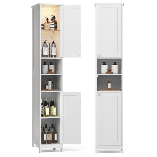 VASAGLE Tall Storage Cabinet with Lights, Slim Freestanding Cabinet with Adjustable Shelves, for Small Spaces, Bathroom, Living Room, Modern, 11.8 Inches Wide, Cloud White UBBC566W02V1