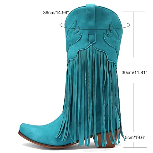 Meefit Women Fringe Cowboy Boots Square Toe Mid Calf Embroidered Western Boots,Tassel Cowgirl Boots Stacked Heel Retro Boots2