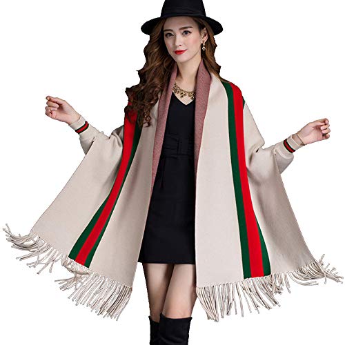 LIULIFE Tassel Shawl Spring Autumn Women's Cloak Scarf Dual-use Cardigan with Sleeves Cape Poncho,Beige-OneSize