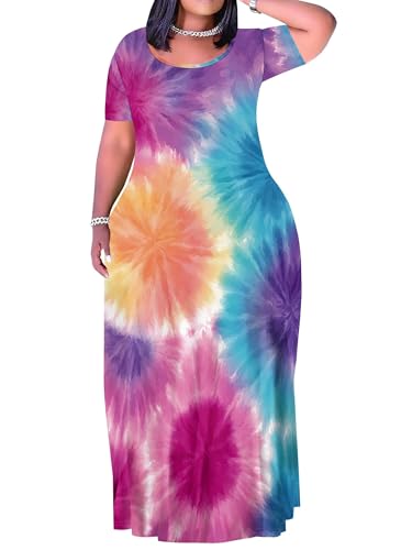 Image of PinkPatty Plus Size Dress for Women Casual Crew Neck Short Sleeve Maxi Dress Oversized Summer Beach Dresses with Pockets
