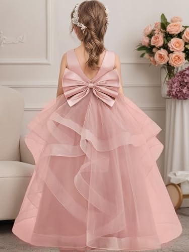 Tiered Tulle Flower Girl Dress for Wedding Kids Long Satin Princess Pageant Birthday Party Bowknot Prom Ball Gowns3
