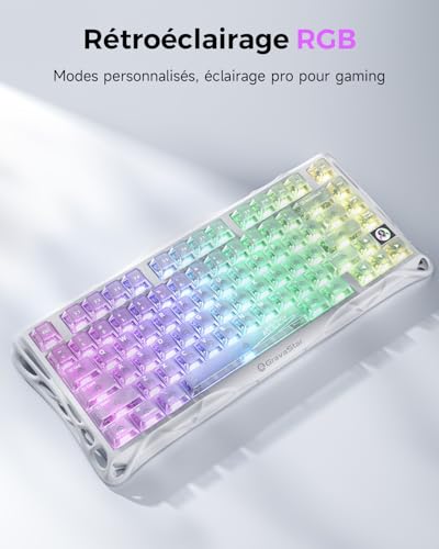 GravaStar Clavier Gaming Mercury K1 Lite 75%, sans Fil Tri-Mode (2,4GHz/Bluetooth/Câble), Clavier Mécanique Hot-Swap Gasket, Switchs Linéaires Pré-Lubrifiés, Rétroéclairage RGB – Crystal Aurora – Image 5