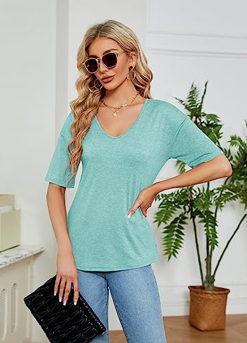 Sherosa Womens Summer Tops Short Sleeve V Neck Tee Shirts Trendy Cute Shirts Light Green L #TOP1