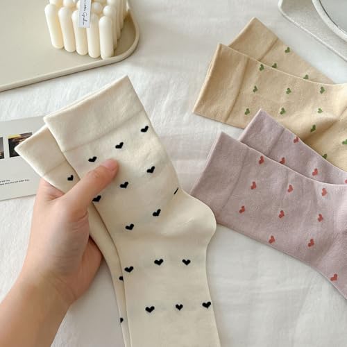 Image of Women's Cute Heart Pattern Crew Socks - 3 Pairs Colorful Novelty Gift Set - Soft Cotton Cozy Socks for Casual Wear