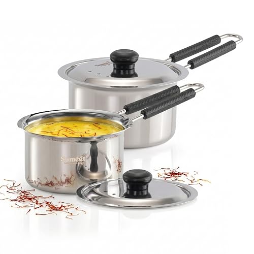Image of Sumeet ISI Certified HeavyPly Premium Stainless Steel Cross Edge Induction & Gas Stove Friendly Saucepan /Milk Pan /Tea Maker with Lid Set of 2 Pcs - 830ml / 1150ml