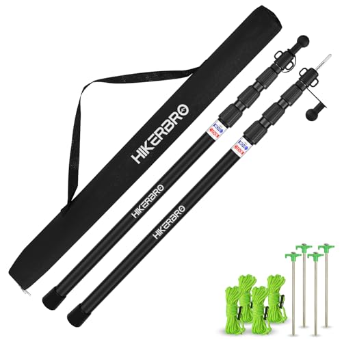 HIKERBRO Tarp Poles, Telescoping Tent Pole Set of 2, 7.7ft Aluminum Lightweight Portable Support Rod with Protection Cap, for Camping, Awning, Sun Shades,Rain Fly, Free Guylines & Stakes (2 Poles)