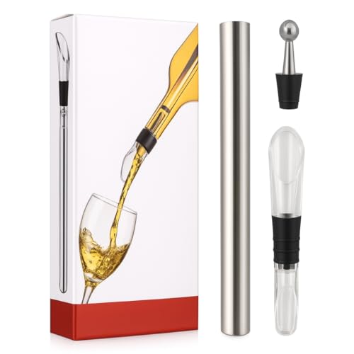 3-in-1 Stainless Steel Wine Chiller Stick Set Includes Wine Cooling Rod Aerator Pourer & Leak-Proof Stopper Wine Cooler Tool for Red & White Bottles Ideal Wine Gift