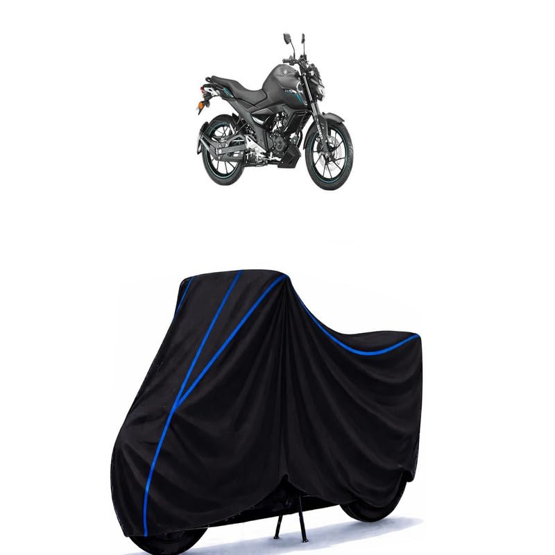 Image of FZ S FI New BS6 Bike Cover Water Resistant Universal Motorcycle Rain | Heavy Duty UV Protection, Dust, Scratch Indoor Outdoor All Weather with Black Blue Piping Elastic