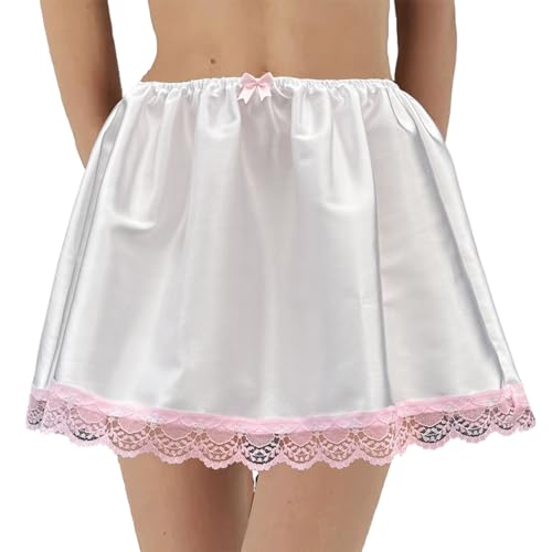 Mxiqqpltky Cute Skirts for Women Casual Lace Trim Elastic Waist Flowy Plaid Mini Skirt Y2K Satin Pleated A Line Ruffle Skirt