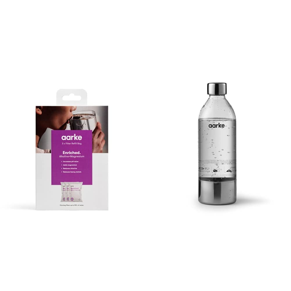 aarke3-Pack Enriched Filter Refill Bags – Increases The pH Value, Adds Magnesium, Reduces Unwanted Tastes and Heavy Metals & PET Bottle for Sparkling Water Maker Carbonator 3