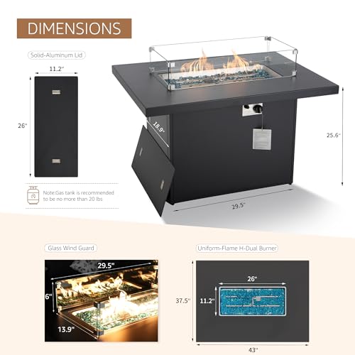 BULEXYARD 43" Aluminum Propane/Natural Gas Fire Pit Table, 60,000 BTU Rectangle Outdoor Patio Firepit Table with Cover, Lid & Wind Guard, Modern CSA-Certified Fireplace for Outside Patio, Dark Grey