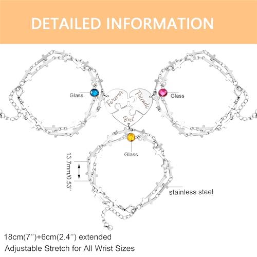 Image of 3 Heart-shaped Jigsaw Family Friendship Bracelets - Double Stainless Steel Cross Chain Birth Stone Charm Layered Heart Bracelets for Female Friendship Personalized Custom Jewelry
