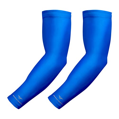 Bucwild - 1 par de mangas de compresión para brazo deportivo de compresión para jóvenes y adultos, diseño de béisbol, baloncesto, golf y tenis (azul, pequeño/med)