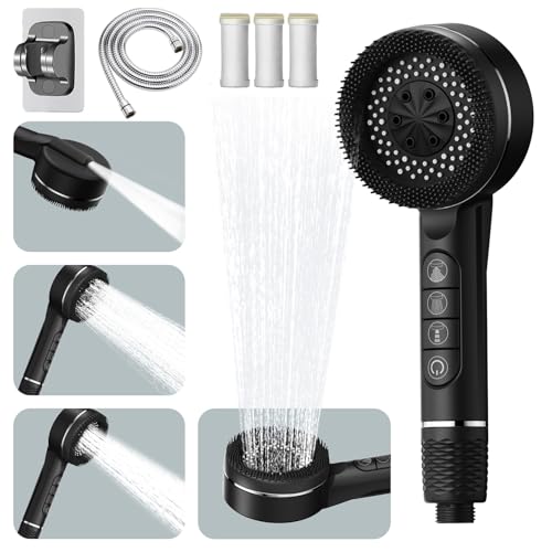 Pommeau Douche Haute Pression, Pommeau de Douche Economie D'eau avec Tuyau 1.5M, 3 Filtres et Support, 4 Modes et Bouton de Pause, Douchette Douche Anti...