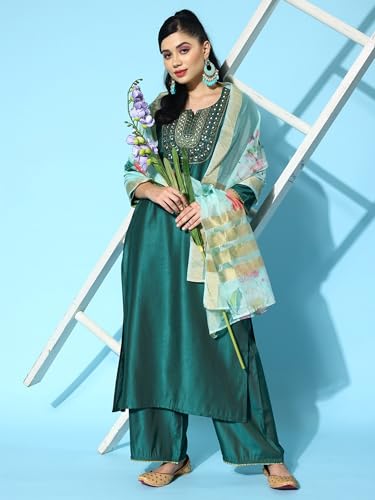 Image of INDO ERA Women's Teal Viscose Embroidered Straight Kurta & Palazzo With Dupatta Set (BOGSS3720)