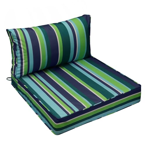 Image of AAAAAcessories Outdoor Seat Cushions for Chairs, Fade-Resistant, Waterproof Patio Furniture Replacement Cushions, 23.5 inch x 25.5 inch x 5 inch + 23.5 inch x 13.5 inch, Stormy Teal Coastal Stripe