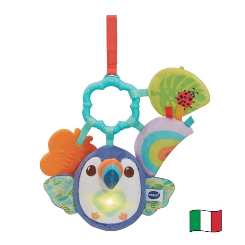 VTech Tiki le Tucano, anneau sensoriel, jeu de bébé sensoriel musical avec hochet et massagogive, jeux pour bébé avec tissus doux au toucher, langue italienne, piles incluses, 3-36 mois