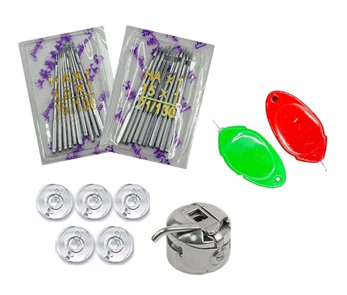 Image of ZENITH Sewing Machine Needles HA Size (16 /100 & 21 /130) 10pc Each, 5pc Plastic Bobbins, 1 Bobbin Case & 2pc Needle Threader Combo, Suitable for Home Sewing Machines like Usha, Janome, SINGER, BROTHER