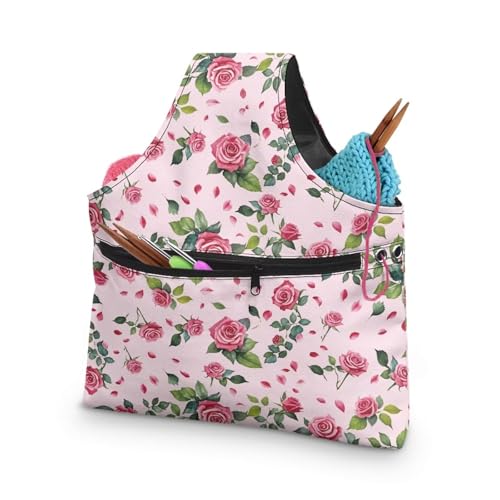 Image of KUIFORTI Roses Knitting Tote Bag Valentines Day Travel Knitting Yarn Storage Bag Organizer Lightweight Knit Wrist Bag for Holding Yarn Crochet Needles, Knitting and Crochet Supplies Soft