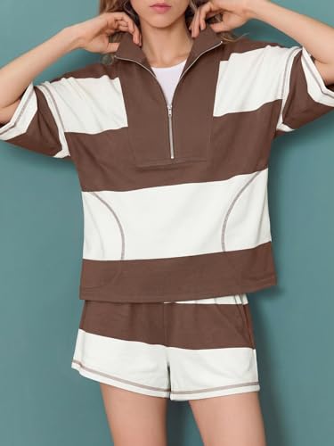 Fisoew Womens 2 Piece Outfits Summer Striped Sweatshirt Workout Shorts — view 2