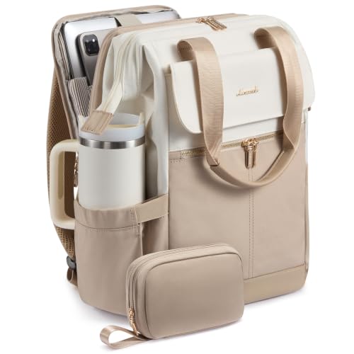 Image of LOVEVOOK Laptop Backpack for Women with Giant Tumbler Holder, 15.6 Inch Work Laptop Bag with USB Port, Fashion Teacher Nurse Backpack Purse, Waterproof Travel Computer Backpack, 2PCS, Beige-Khaki