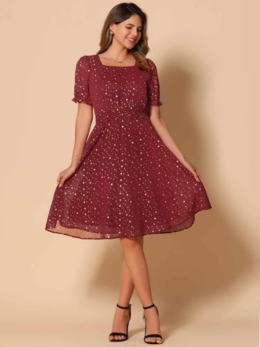 Image of Allegra K Party Midi Dress for Women Ruffle Short Sleeve Elastic Waist A-Line Metallic Star Dresses