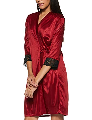 Clovia Women's 2 Pcs Satin Nightwear Set in Maroon & Black - Short Robe & Nightie - Image 4