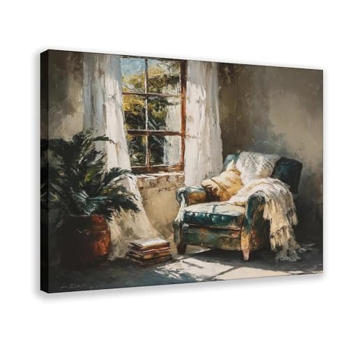YFET Sunlit Reading Nook - Rustic Cottage Chair, Earthy Impressionist