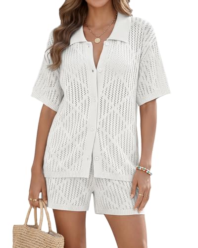 Women's Summer 2 Piece Swimsuit Cover Up Crochet Knit Cardigan Tops High Waisted Shorts Set Bathing Suit Beach Outfit White