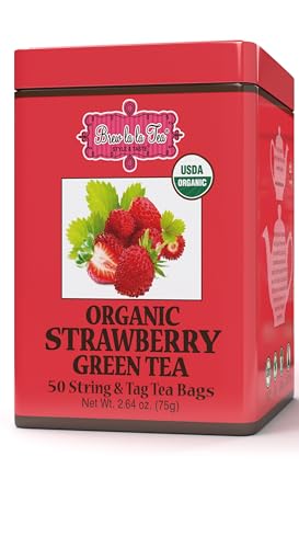 Image of Brew La La Organic Green Tea - Natural Strawberry Flavor - 50 Tea Bag Tin - Low Caffeine - USDA Certified Organic