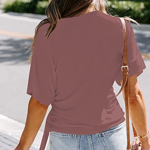 Niuqi Women's Stylish Summer Wrap Tops Solid Color Short Sleeve V Neck Tie Waist Tunic Blouse Red #TOP2