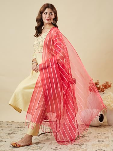 Image of MOKOSH Women's Kurta Pant Dupatta Set | Chinon Embroidered Straight Kurta with Pants and Striped Contrast Organza Dupatta, Traditional Indian Ethnic Suit Set