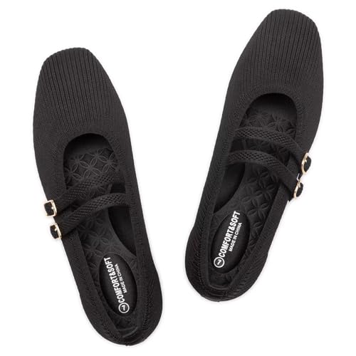 Frank Mully Women's Flats Square Toe Mary Jane Shoes Ballet Flats with Strap Comfortable Slip On Knit Shoes Dressy Casual