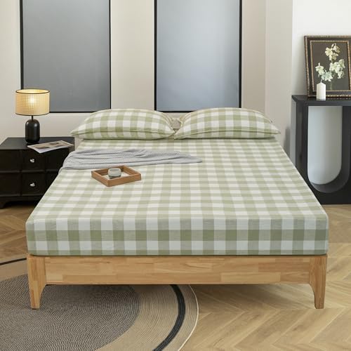 EVERLY Linen Sheets Set Full Size,100% French Stonewash Pure Linen Sheets Set,4Pieces (1Flat Sheet,1Fitted Sheet,2Pillowcase) Suitable for Hot Sleepers,Deep Pocket Natural Bedding Set-Green Plaid