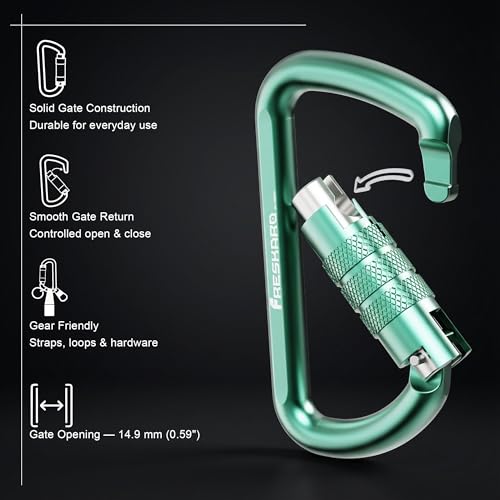 Image of FresKaro 3inch 12kN-2698lbs Auto Locking Carabiner Clips, Solid D Shape, Heavy Duty 7075 Aluminum, Lightweight 1.09oz, Rust Proof, for Hammock, Hiking, Dog Leash, Keychain etc., Multi-Colors