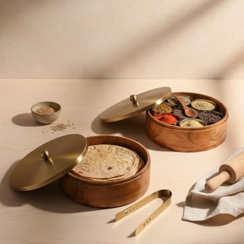 Image of Wooden Masala & Chapati Box Combo - Wooden Masala Box (7 Stainless Steel Jars + Spoon) & Wooden Chapati /Roti Box (Stainless Steel Brass Lid + Tong) - Gold (Plane)