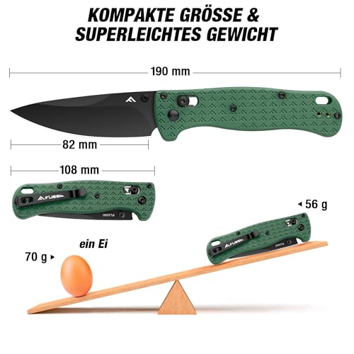 FLISSA Taschenmesser Klappmesser, 14C28N Edelstahl, Scharfes Outdoor Messer mit CNC-Geschliffenem, Schwarzem Titanbeschichtung, EDC Messer mit Taschenclip, für Alltag, Outdoor, Camping, Grün