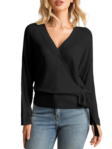 Women's Lightweight Wrap Sweater Pullovers V Neck Tops Tie Side Loose Fit Going Out Blouse