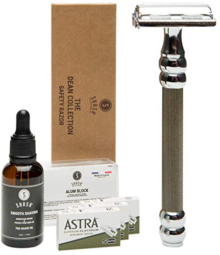 SHASH Dean Collection Double Edge Butterfly Safety Razor, Antique, Provides Super Close Shave, Includes Astra Blades, Alum Block and Pre Shave Oil - Stylish Design - Premium Quality Brass and Chrome