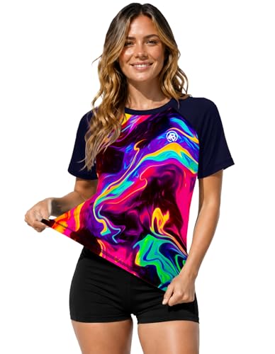 Image of AOBUTE Women Short Sleeve Rash Guard Gradient Sun Protection Swim Shirts