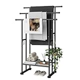 ELYKEN Porte Serviettes sur Pied 3 Niveaux, Hauteurs 80, 90 ou 100cm, Largeur 67cm, Structure en Métal avec Étagère, Pieds Ajustables pour la Stabilité, Idéal pour Salle de Bain, Piscine, Noir