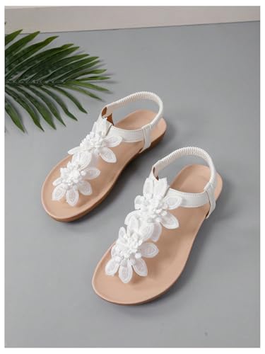 GORGLITTER Women's Flower Flat Sandals Wedding Sandals for Bride T-Strap Thongs Open Toe Summer Beach Shoes3