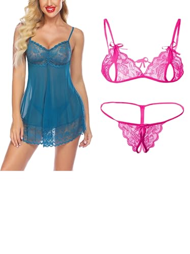 Image of SSoShHub Lace Babydoll Lingerie Sexy Mini Chemise Mesh Wedding Nightie Bridal Nightdress with Bikini