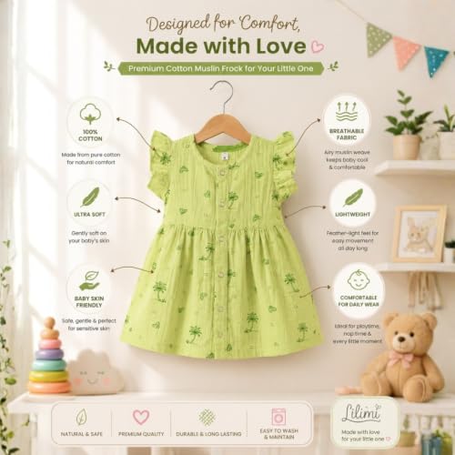 Image of Lilimi Toddler Baby Girl Cotton Muslin Dress, Breathable Flutter Sleeve Button-Front Cute Frocks