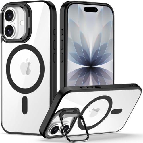 Image of VONZEE Clear Camera Kickstand Case for iPhone 17, Built-in Adjustable Camera Stand, Clear Magnetic Mag-Safe Shockproof Classic Series Phone Cover (Black)