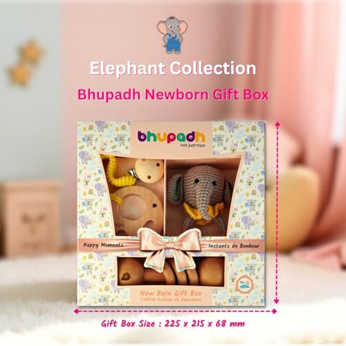 Image of Newborn Gift Box Elephant Collection (0-12 Months) | 3-in-1 Set with Crochet Rattle, Wooden Dumbbell Ring Rattle & Elephant Teether | Montessori Baby Toy| BPA Free | Non-Toxic Cotton & Beechwood | Gift Box