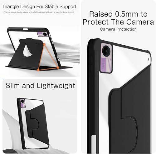 Image of TGK Rotating Case for Redmi Pad SE 11 inch with Pencil Holder 360 Degree Rotation Protective Trifold Stand Cover Clear Back (Black)